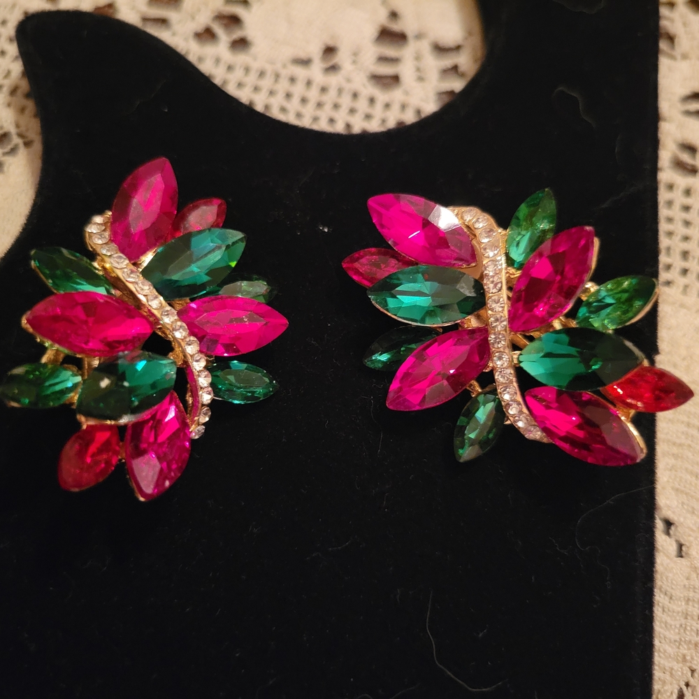 Elegant Pink and Green Crystal Earrings